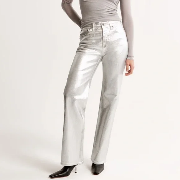 Abercrombie 90s Straight Ultra High Rise Silver Pants - Picture 2 of 7